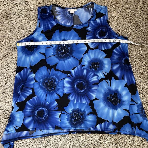 ONLY 9 Blue Black Floral Print Asymmetrical‎ Tank Top Liquid Slinky Knit Sz 4X - Picture 7 of 8